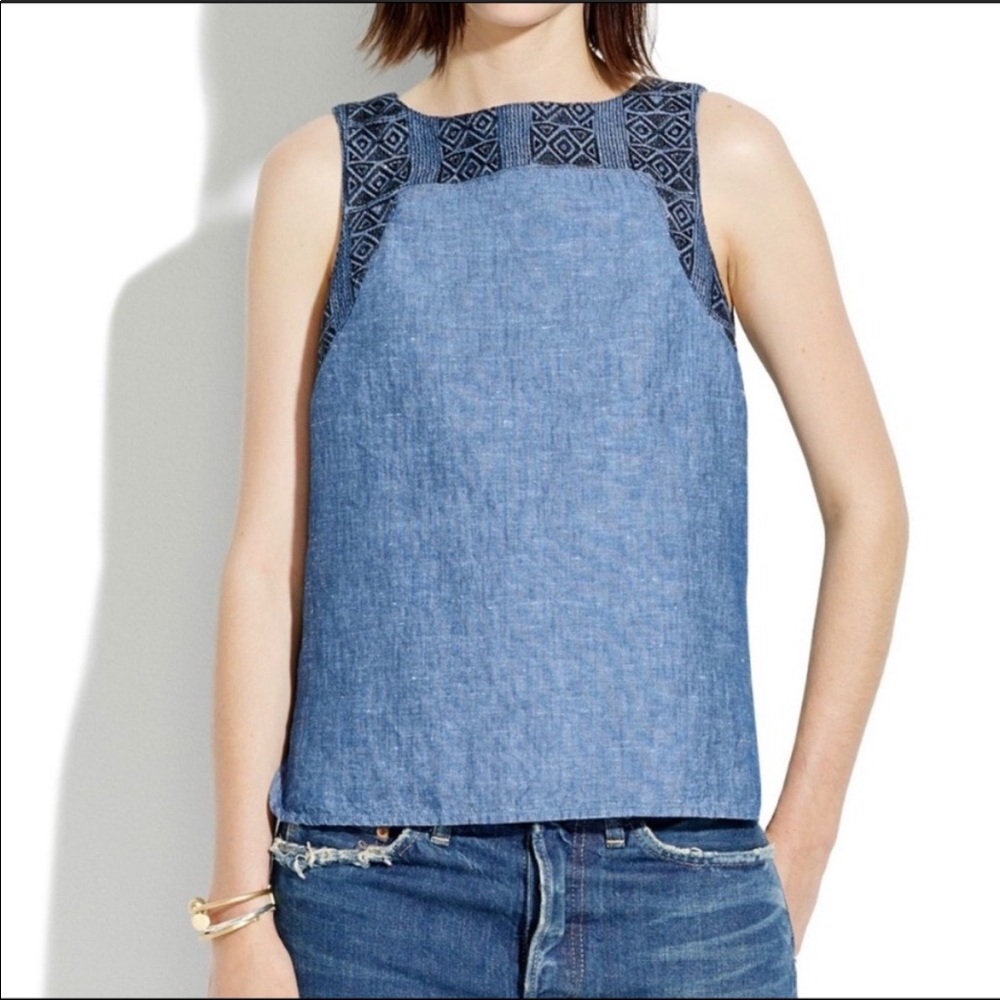 Madewell Indigo Linen Embroidered Denim Tank - S